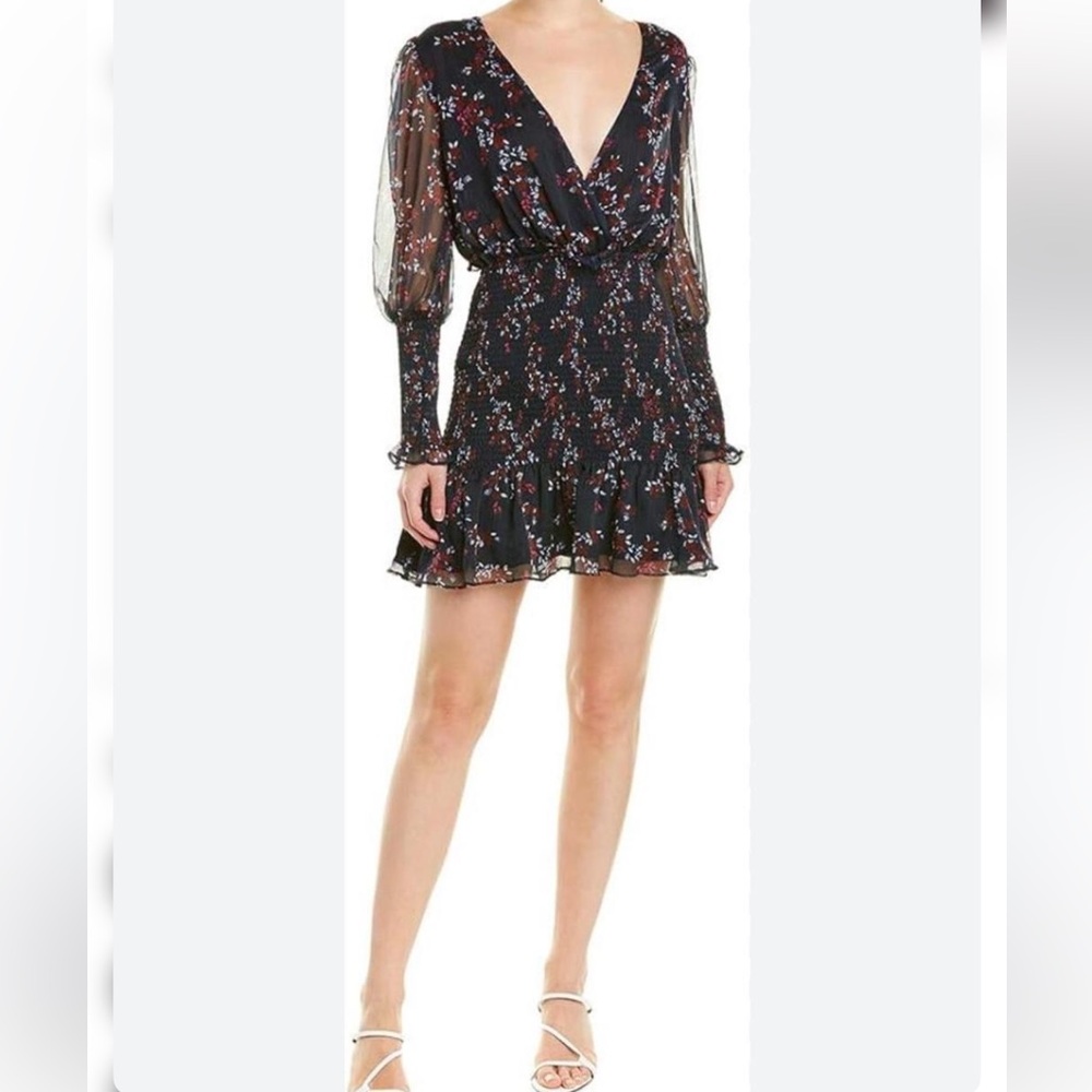 Keepsake Size M Black Floral Mini Smocked Sheer Long Sleeve‎ Dress Glam Coquette